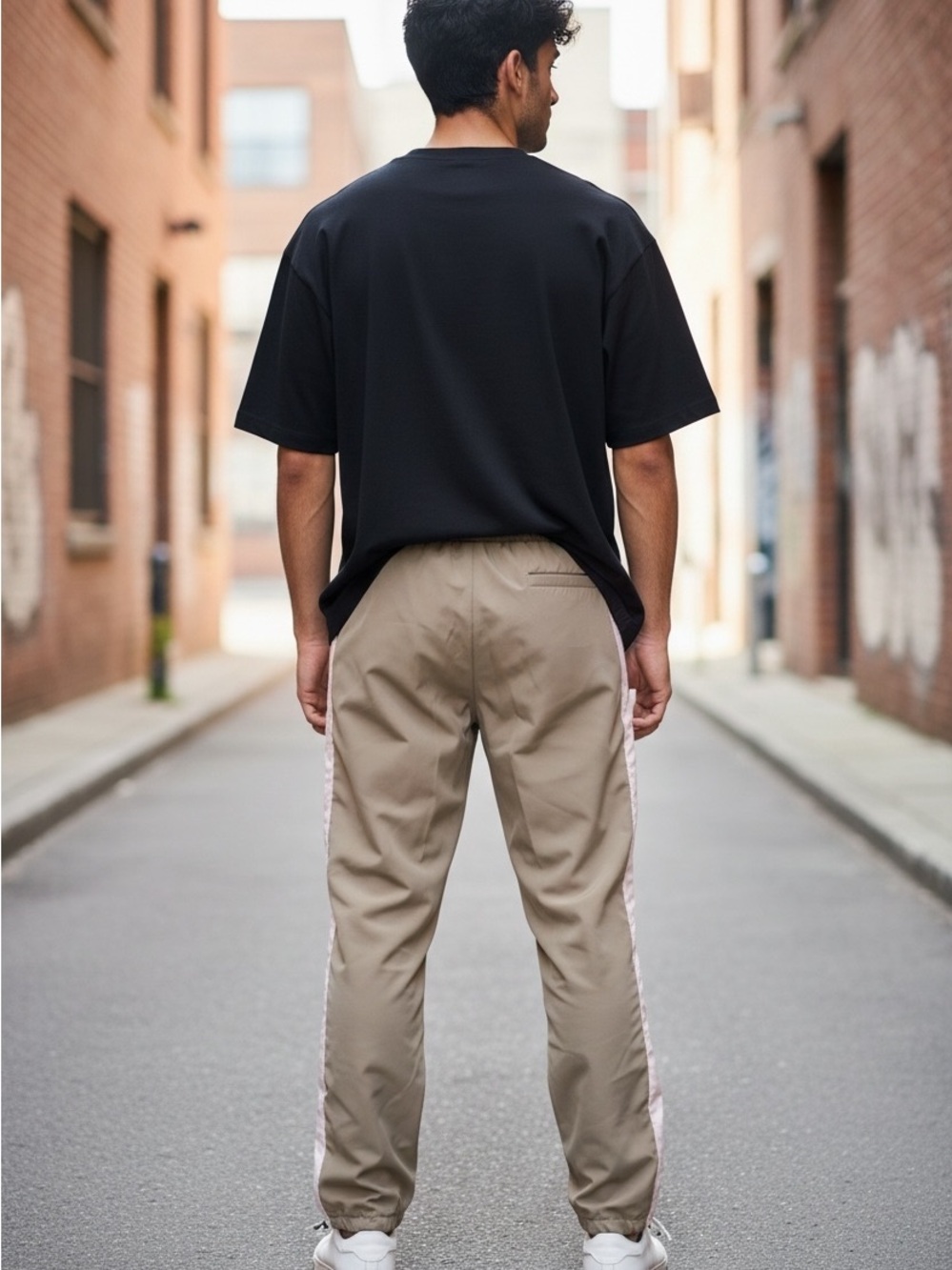 Beige Joggers with White Side Stripes
